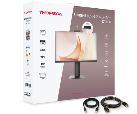 THOMSON M27FB7C14V monitor s kamero, 69cm (27"), Full HD, 100Hz, IPS, 5ms, 300nit, 110% sRGB, HDR10, HDMI, USB-C, AV-in, višina, vrtenje, nagibanje, AdaptiveSync, Anti Glare, Low Blue Light, VRR