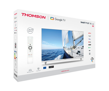 THOMSON 32HG2S14 LED TV sprejemnik, 81cm (32"), HD, Google TV, WiFi, Bluetooth, Dolby Audio, Google Assistant, Chromecast, Frameless oblika, pametni daljinec, bel (Pure White)