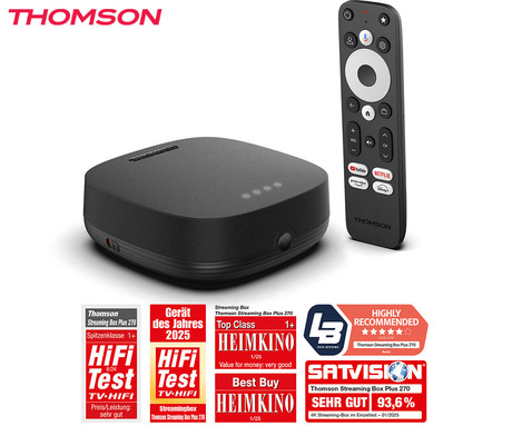 THOMSON STREAMING BOX PLUS 270 multimedijski predvajalnik / center, 4K UHD, Google TV, WiFi, Bluetooth, Dolby Vision&Atmos, Google Assistant, Chromecast, mikrofon, pametni daljinec, črn(Premium Black)