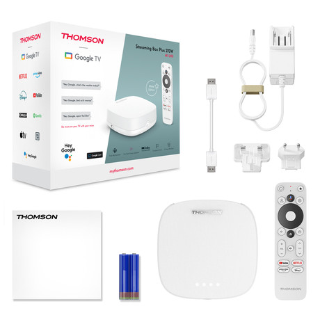 THOMSON STREAMING BOX PLUS 270 multimedijski predvajalnik / center, 4K UHD, Google TV, WiFi, Bluetooth, Dolby Vision&Atmos, Google Assistant, Chromecast, mikrofon, pametni daljinec, bel (Pure White)