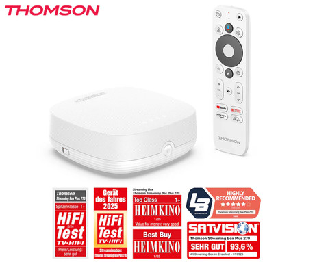 THOMSON STREAMING BOX PLUS 270 multimedijski predvajalnik / center, 4K UHD, Google TV, WiFi, Bluetooth, Dolby Vision&Atmos, Google Assistant, Chromecast, mikrofon, pametni daljinec, bel (Pure White)