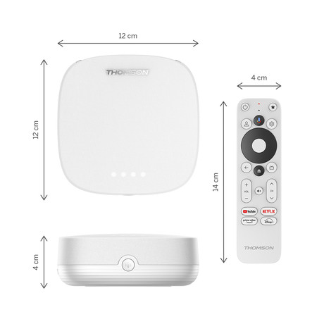 THOMSON STREAMING BOX PLUS 270 multimedijski predvajalnik / center, 4K UHD, Google TV, WiFi, Bluetooth, Dolby Vision&Atmos, Google Assistant, Chromecast, mikrofon, pametni daljinec, bel (Pure White)