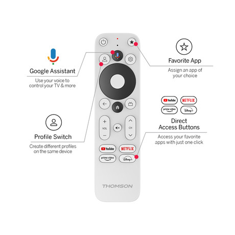 THOMSON STREAMING BOX PLUS 270 multimedijski predvajalnik / center, 4K UHD, Google TV, WiFi, Bluetooth, Dolby Vision&Atmos, Google Assistant, Chromecast, mikrofon, pametni daljinec, bel (Pure White)