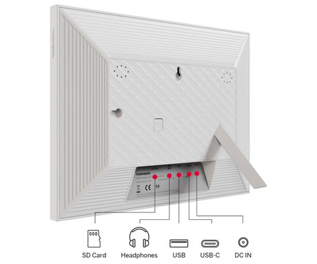 THOMSON F10 pametni digitalni foto okvir, 25.6cm (10.1"), HD IPS zaslon na dotik, Smart Frame aplikacija, WiFi, Android + iOS, 32GB ROM, razširljiv spomin, zvočniki, USB-A, USB-C, bel