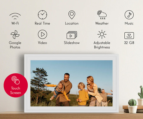 THOMSON F15 pametni digitalni foto okvir, 39.6cm (15.6"), Full HD IPS zaslon na dotik, Smart Frame aplikacija, WiFi, Android + iOS, 32GB ROM, razširljiv spomin, zvočniki, USB-A, USB-C, bel