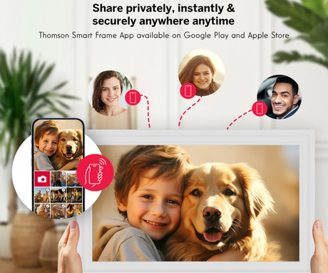 THOMSON F15 pametni digitalni foto okvir, 39.6cm (15.6"), Full HD IPS zaslon na dotik, Smart Frame aplikacija, WiFi, Android + iOS, 32GB ROM, razširljiv spomin, zvočniki, USB-A, USB-C, bel