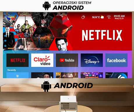 BYINTEK VEVSHAO A16 prenosni LED projektor, Android, Dual WIFI, Bluetooth, 400 ANSI lumnov, zvočnik, samodejni fokus, deljenje zaslona, max 4K UHD, USB / HDMI / AUX, +daljinec, bel