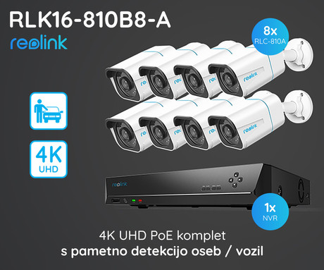 Reolink PoE set, RLK16-810B8-A, 4K-UHD, AI, NVR snemalna enota (16x), 3T trdi disk + 8x IP kamere 4K RLC-810A