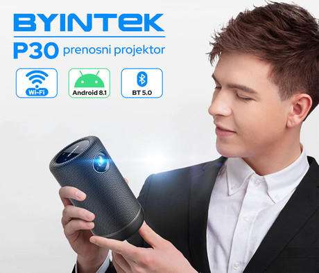 EOL - BYINTEK P30 prenosni mini 3D LED DLP projektor, Android, Wifi, BT5.0, vgrajena baterija, vgrajen zvočnik, HD 1080P Max. 4K, HDMI-IN