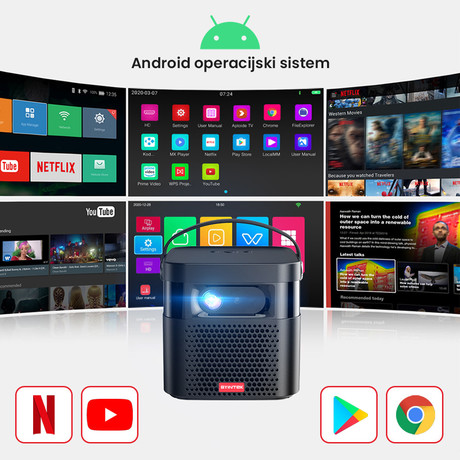 BYINTEK UFO U70 PRO prenosni mini 3D LED DLP projektor, Android, Wifi, BT5.0, 2/32GB, vgrajena baterija, vgrajen 2x zvočnik (10W), HD 1080P Max. 4K, HMDI-IN