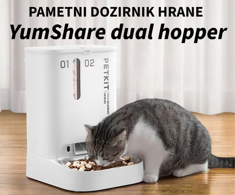 PETKIT YUMSHARE DUAL HOPPER pametni dozirnik hrane, za pse / mačke, 5L prostornina, AI zaznavanje gibanja, urnik hranjenja, FHD kamera, IR Night Vision, WIFI, aplikacija, mikrofon, zvočnik, 36x29x25cm