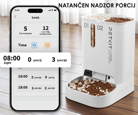 PETKIT YUMSHARE DUAL HOPPER pametni dozirnik hrane, za pse / mačke, 5L prostornina, AI zaznavanje gibanja, urnik hranjenja, FHD kamera, IR Night Vision, WIFI, aplikacija, mikrofon, zvočnik, 36x29x25cm