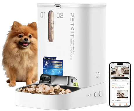 PETKIT YUMSHARE DUAL HOPPER 2 pametni dozirnik hrane, za pse / mačke, 5L prostornina, AI zaznavanje, urnik hranjenja, FHD kamera, IR Night Vision, WIFI, aplikacija, mikrofon, zvočnik, 36x29x25cm