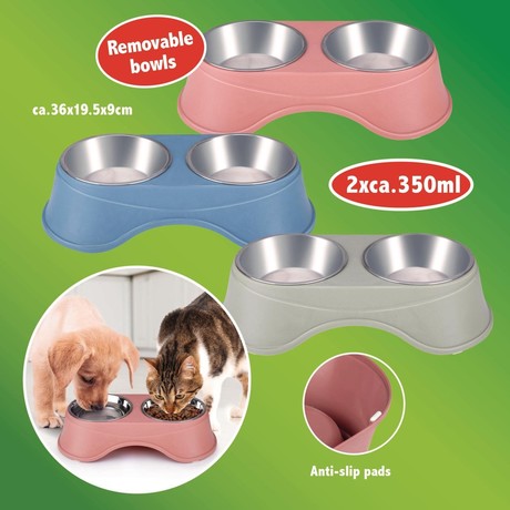 Pet Treatment dvojna posoda s stojalom za živali, 2x 350ml, za hrano / vodo, nerjaveče jeklo, 36x19.5x9cm, siva, modra, roza