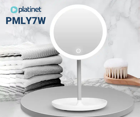 Platinet PMLY7W kozmetično ogledalo, make-up, LED osvetlitev, polnilna baterija, prilagodljiva svetlost, nastavljiv kot, belo
