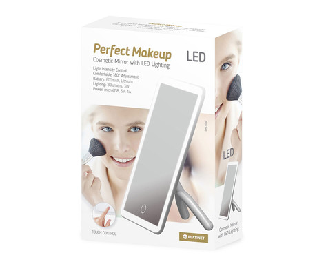 Platinet PMLY6W kozmetično ogledalo, make-up, LED osvetlitev, polnilna baterija, prilagodljiva svetlost, nastavljiv kot, belo