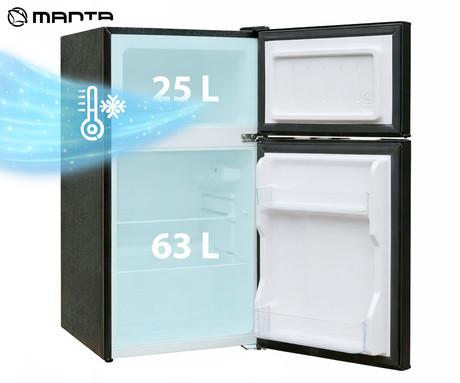 MANTA MM545D kombinirani hladilnik z zamrzovalnikom, 88L, 6-stopenjski nadzor temperature, učinkovito hlajenje, nastavljive nogice / stran odpiranja, 86.2x45.2x49.2cm, srebrno-črn (Silver Inox Black)