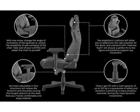 GENESIS NITRO 950 gaming / pisarniški stol, ergonomski, nastavljiva višina / naklon, zibanje, 2x blazina, 4D nasloni za roke, najlonska kolesa, eko usnje, do 150kg, črn