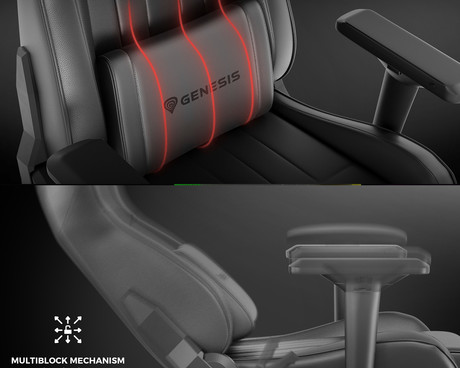 GENESIS NITRO 950 gaming / pisarniški stol, ergonomski, nastavljiva višina / naklon, zibanje, 2x blazina, 4D nasloni za roke, najlonska kolesa, eko usnje, do 150kg, črn