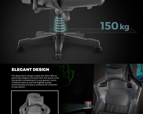 GENESIS NITRO 950 gaming / pisarniški stol, ergonomski, nastavljiva višina / naklon, zibanje, 2x blazina, 4D nasloni za roke, najlonska kolesa, eko usnje, do 150kg, črn