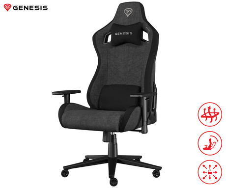 GENESIS NITRO 660 gaming / pisarniški stol, ergonomski, nastavljiva višina / naklon, zibanje, 2x blazina, 2D nasloni za roke, kolesa CareGLide™, tkanina, do 150kg, črno siv