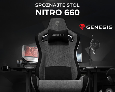 GENESIS NITRO 660 gaming / pisarniški stol, ergonomski, nastavljiva višina / naklon, zibanje, 2x blazina, 2D nasloni za roke, kolesa CareGLide™, tkanina, do 150kg, črno siv