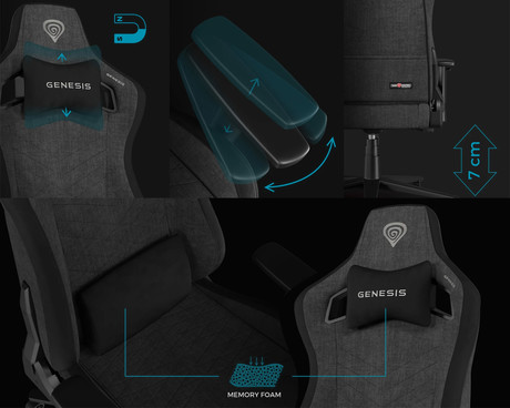 GENESIS NITRO 660 gaming / pisarniški stol, ergonomski, nastavljiva višina / naklon, zibanje, 2x blazina, 2D nasloni za roke, kolesa CareGLide™, tkanina, do 150kg, črno siv