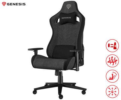 GENESIS NITRO 800 gaming / pisarniški stol, ergonomski, nastavljiva višina / naklon, zibanje, 2x blazina, 4D nasloni za roke, kolesa CareGLide™, tkanina, do 150kg, črno siv