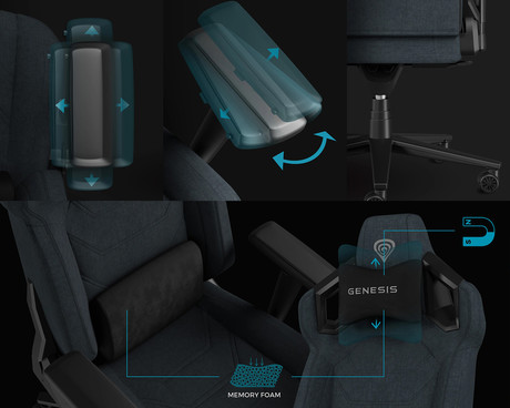 GENESIS NITRO 800 gaming / pisarniški stol, ergonomski, nastavljiva višina / naklon, zibanje, 2x blazina, 4D nasloni za roke, kolesa CareGLide™, tkanina, do 150kg, črno siv