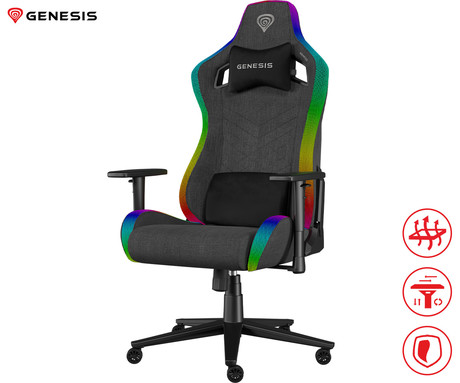 GENESIS TRIT 660 RGB gaming / pisarniški stol, ergonomski, nastavljiva višina / naklon, zibanje, 2x blazina, 2D nasloni za roke, RGB LED osvetlitev, kolesa CareGLide™, tkanina, do 150kg, siv