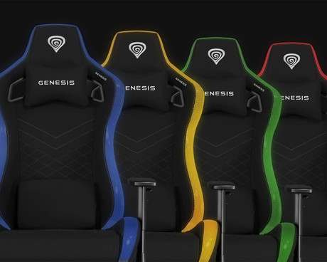 GENESIS TRIT 660 RGB gaming / pisarniški stol, ergonomski, nastavljiva višina / naklon, zibanje, 2x blazina, 2D nasloni za roke, RGB LED osvetlitev, kolesa CareGLide™, tkanina, do 150kg, siv