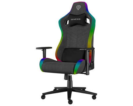GENESIS TRIT 660 RGB gaming / pisarniški stol, ergonomski, nastavljiva višina / naklon, zibanje, 2x blazina, 2D nasloni za roke, RGB LED osvetlitev, kolesa CareGLide™, tkanina, do 150kg, siv