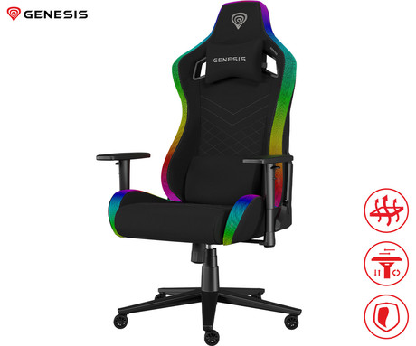 GENESIS TRIT 660 RGB gaming / pisarniški stol, ergonomski, nastavljiva višina / naklon, zibanje, 2x blazina, 2D nasloni za roke, RGB LED osvetlitev, kolesa CareGLide™, tkanina, do 150kg, črn