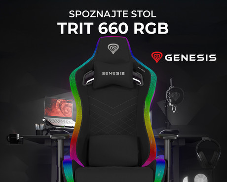 GENESIS TRIT 660 RGB gaming / pisarniški stol, ergonomski, nastavljiva višina / naklon, zibanje, 2x blazina, 2D nasloni za roke, RGB LED osvetlitev, kolesa CareGLide™, tkanina, do 150kg, črn
