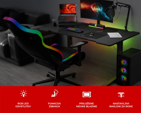 GENESIS TRIT 660 RGB gaming / pisarniški stol, ergonomski, nastavljiva višina / naklon, zibanje, 2x blazina, 2D nasloni za roke, RGB LED osvetlitev, kolesa CareGLide™, tkanina, do 150kg, črn