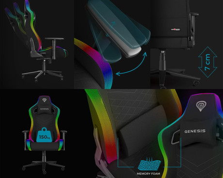 GENESIS TRIT 660 RGB gaming / pisarniški stol, ergonomski, nastavljiva višina / naklon, zibanje, 2x blazina, 2D nasloni za roke, RGB LED osvetlitev, kolesa CareGLide™, tkanina, do 150kg, črn