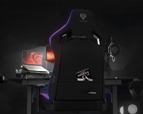 GENESIS TRIT 660 RGB gaming / pisarniški stol, ergonomski, nastavljiva višina / naklon, zibanje, 2x blazina, 2D nasloni za roke, RGB LED osvetlitev, kolesa CareGLide™, tkanina, do 150kg, črn