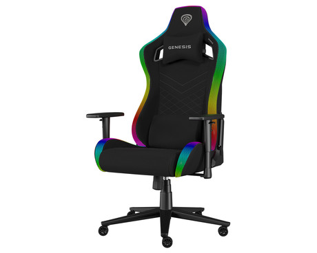 GENESIS TRIT 660 RGB gaming / pisarniški stol, ergonomski, nastavljiva višina / naklon, zibanje, 2x blazina, 2D nasloni za roke, RGB LED osvetlitev, kolesa CareGLide™, tkanina, do 150kg, črn