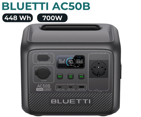BLUETTI AC50B prenosna polnilna postaja, 700W moč, 448Wh baterija, polnjenje / napajanje naprav, AI BMS sistem, aplikacija, 1x AC, 1x DC 12V, 1x USB-A, 2x USB-C, zaslon, ročaj, črna