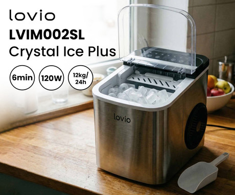 MANTA LOVIO LVIM002SL Crystal Ice Plus ledomat / naprava za izdelovanje ledu, 120W, 12kg/24ur, 1.3L rezervoar, 2 velikosti kock, samodejno čiščenje, tiho delovanje, nerjaveče jeklo, +zajemalka, srebrn