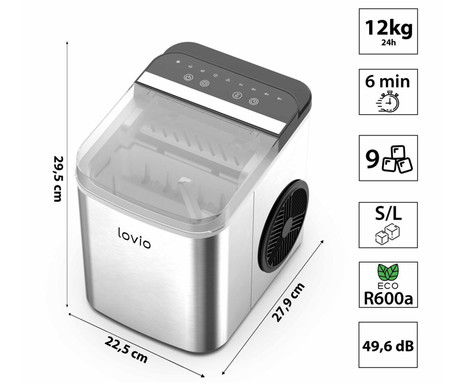 MANTA LOVIO LVIM002SL Crystal Ice Plus ledomat / naprava za izdelovanje ledu, 120W, 12kg/24ur, 1.3L rezervoar, 2 velikosti kock, samodejno čiščenje, tiho delovanje, nerjaveče jeklo, +zajemalka, srebrn