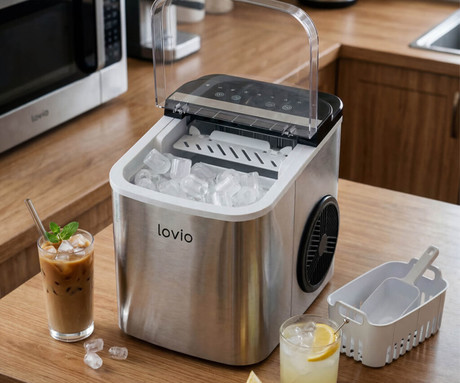 MANTA LOVIO LVIM002SL Crystal Ice Plus ledomat / naprava za izdelovanje ledu, 120W, 12kg/24ur, 1.3L rezervoar, 2 velikosti kock, samodejno čiščenje, tiho delovanje, nerjaveče jeklo, +zajemalka, srebrn