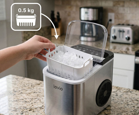 MANTA LOVIO LVIM002SL Crystal Ice Plus ledomat / naprava za izdelovanje ledu, 120W, 12kg/24ur, 1.3L rezervoar, 2 velikosti kock, samodejno čiščenje, tiho delovanje, nerjaveče jeklo, +zajemalka, srebrn
