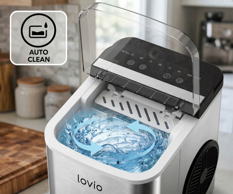 MANTA LOVIO LVIM002SL Crystal Ice Plus ledomat / naprava za izdelovanje ledu, 120W, 12kg/24ur, 1.3L rezervoar, 2 velikosti kock, samodejno čiščenje, tiho delovanje, nerjaveče jeklo, +zajemalka, srebrn