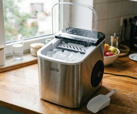 MANTA LOVIO LVIM002SL Crystal Ice Plus ledomat / naprava za izdelovanje ledu, 120W, 12kg/24ur, 1.3L rezervoar, 2 velikosti kock, samodejno čiščenje, tiho delovanje, nerjaveče jeklo, +zajemalka, srebrn