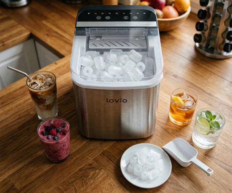 MANTA LOVIO LVIM002SL Crystal Ice Plus ledomat / naprava za izdelovanje ledu, 120W, 12kg/24ur, 1.3L rezervoar, 2 velikosti kock, samodejno čiščenje, tiho delovanje, nerjaveče jeklo, +zajemalka, srebrn