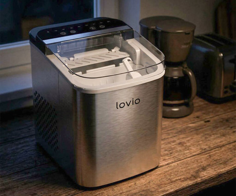 MANTA LOVIO LVIM002SL Crystal Ice Plus ledomat / naprava za izdelovanje ledu, 120W, 12kg/24ur, 1.3L rezervoar, 2 velikosti kock, samodejno čiščenje, tiho delovanje, nerjaveče jeklo, +zajemalka, srebrn