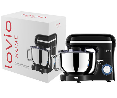 MANTA LOVIO LVSTM01 ChefAssistant kuhinjski robot / mešalnik, 1900W moč, 6.2L posoda, 6 hitrosti, Pulse funkcija, stepanje / mešanje / gnetenje, nerjaveče jeklo, +dodatki, črn (Premium Black)