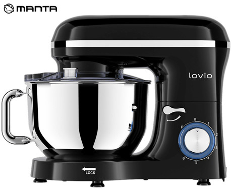 MANTA LOVIO LVSTM01 ChefAssistant kuhinjski robot / mešalnik, 1900W moč, 6.2L posoda, 6 hitrosti, Pulse funkcija, stepanje / mešanje / gnetenje, nerjaveče jeklo, +dodatki, črn (Premium Black)