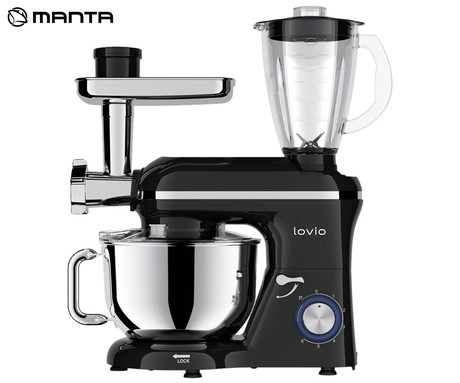 MANTA LOVIO LVSTM02P ChefAssistant Plus kuhinjski robot / mešalnik, 1900W moč, 6.2L posoda, 6 hitrosti, Pulse funkcija, stepanje / mešanje / gnetenje, nerjaveče jeklo, +dodatki, črn (Premium Black)